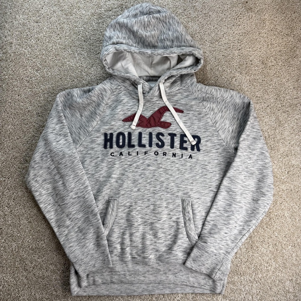 Hollister Hoodie Mens Large Gray Fleece Pullover California Logo Bird Sweatshirt
